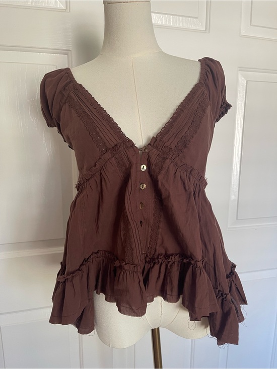 Stitch And Feather Tops - Women's Brown Ruffle V-Neck Peasant Blouse